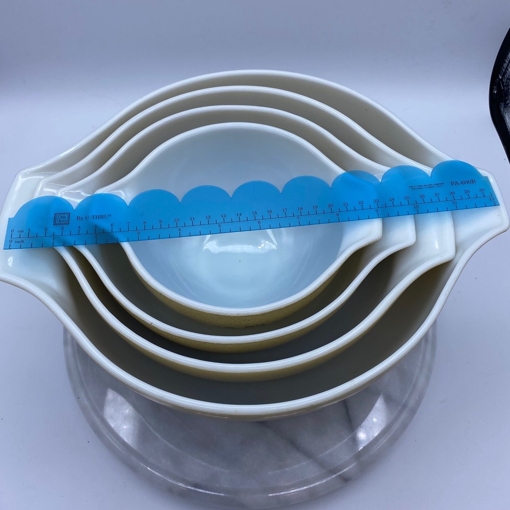 Pyrex Vintage Cinderella Nesting Mixing Bowl Set Blue Onion Speckled Tan 4pc - Picture 6 of 11